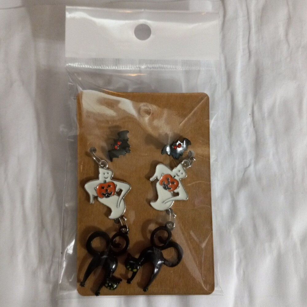 Halloween Earrings Set of 3 Bats Ghosts Black Cats